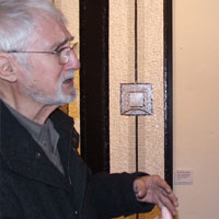 
Brian Beale and Suzy Cox (exhibition coordinator) with 'She 2004'. Dorset County Museum, Private View
