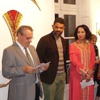 The vernissage: Larbi Safaa, Loup Brefort, Émile Leconte, (mayor of Couches) Mohamed Abaoubida, Noor (translater), Elaine M Goodwin